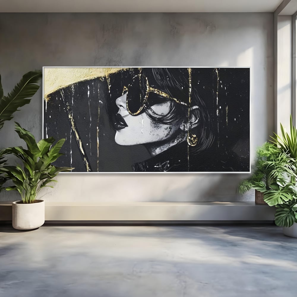 Tablou Canvas Premium, LuxCanva® G1153, Magia Ochelarilor Negrii, Nocturn, Portret, Umbrela, Aurie, Fashion, Diva, Eleganta, Lux, Enigmatica, Detectiv, Secret, Birou, Living, Dormitor