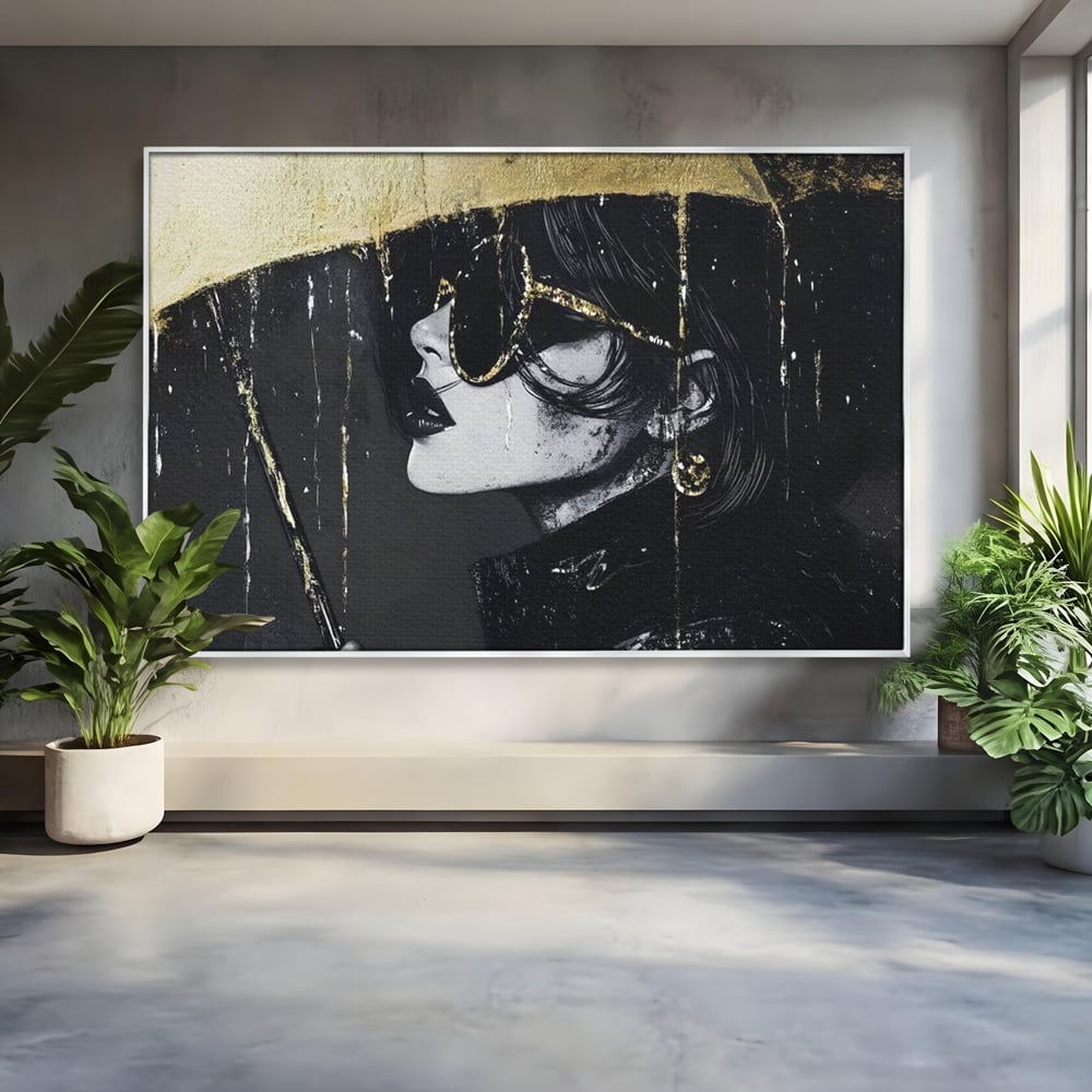Tablou Canvas Premium, LuxCanva® G1153, Magia Ochelarilor Negrii, Nocturn, Portret, Umbrela, Aurie, Fashion, Diva, Eleganta, Lux, Enigmatica, Detectiv, Secret, Birou, Living, Dormitor