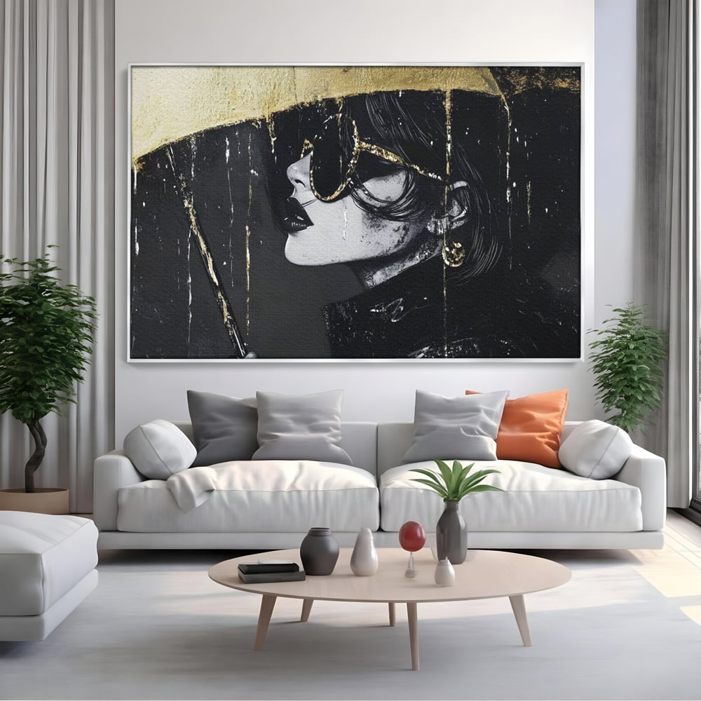 Tablou Canvas Premium, LuxCanva® G1153, Magia Ochelarilor Negrii, Nocturn, Portret, Umbrela, Aurie, Fashion, Diva, Eleganta, Lux, Enigmatica, Detectiv, Secret, Birou, Living, Dormitor