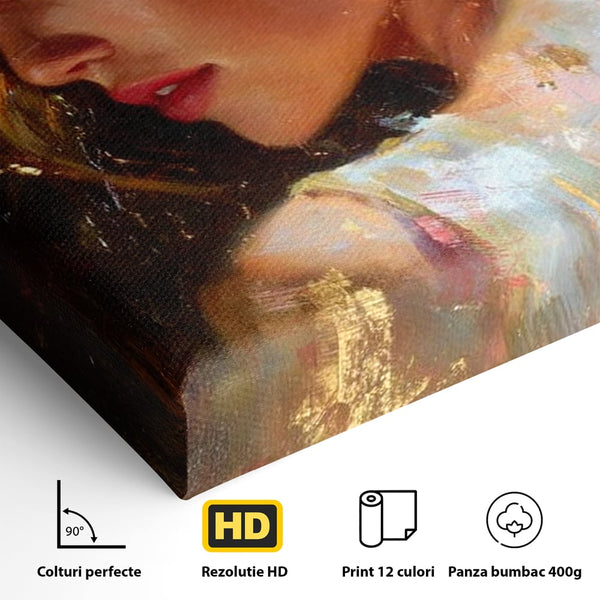 Tablou Canvas Premium, LuxCanva® G1155, In Bratele Soarelui, Visare, Fata, Zeita, Auriu, Gratie, Tacere, Stralucire, Freamat, Sclipiri, Rasarit, Mister, Rafinament, Birou, Living, Dormitor