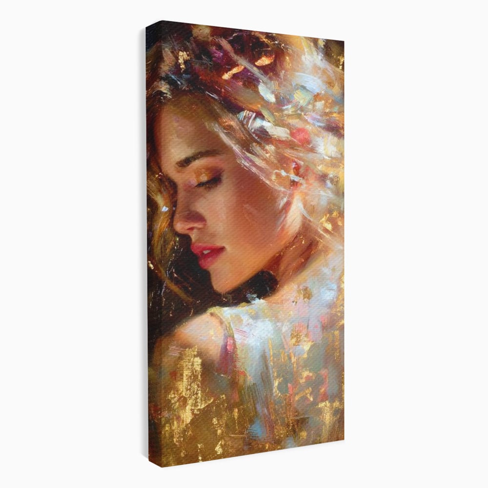 Tablou Canvas Premium, LuxCanva® G1155, In Bratele Soarelui, Visare, Fata, Zeita, Auriu, Gratie, Tacere, Stralucire, Freamat, Sclipiri, Rasarit, Mister, Rafinament, Birou, Living, Dormitor