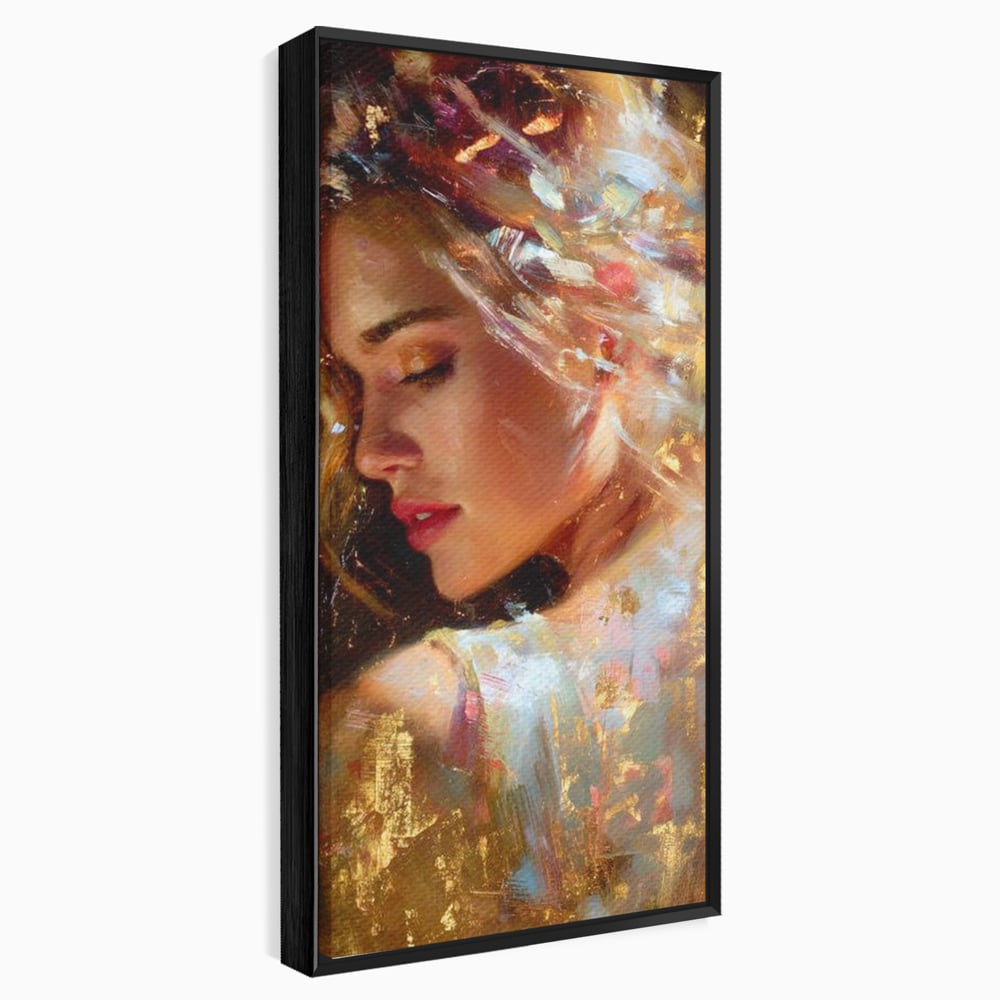Tablou Canvas Premium, LuxCanva® G1155, In Bratele Soarelui, Visare, Fata, Zeita, Auriu, Gratie, Tacere, Stralucire, Freamat, Sclipiri, Rasarit, Mister, Rafinament, Birou, Living, Dormitor