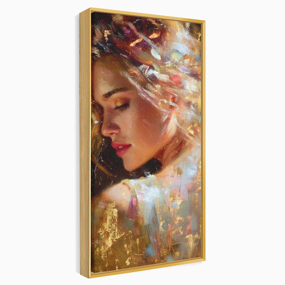 Tablou Canvas Premium, LuxCanva® G1155, In Bratele Soarelui, Visare, Fata, Zeita, Auriu, Gratie, Tacere, Stralucire, Freamat, Sclipiri, Rasarit, Mister, Rafinament, Birou, Living, Dormitor