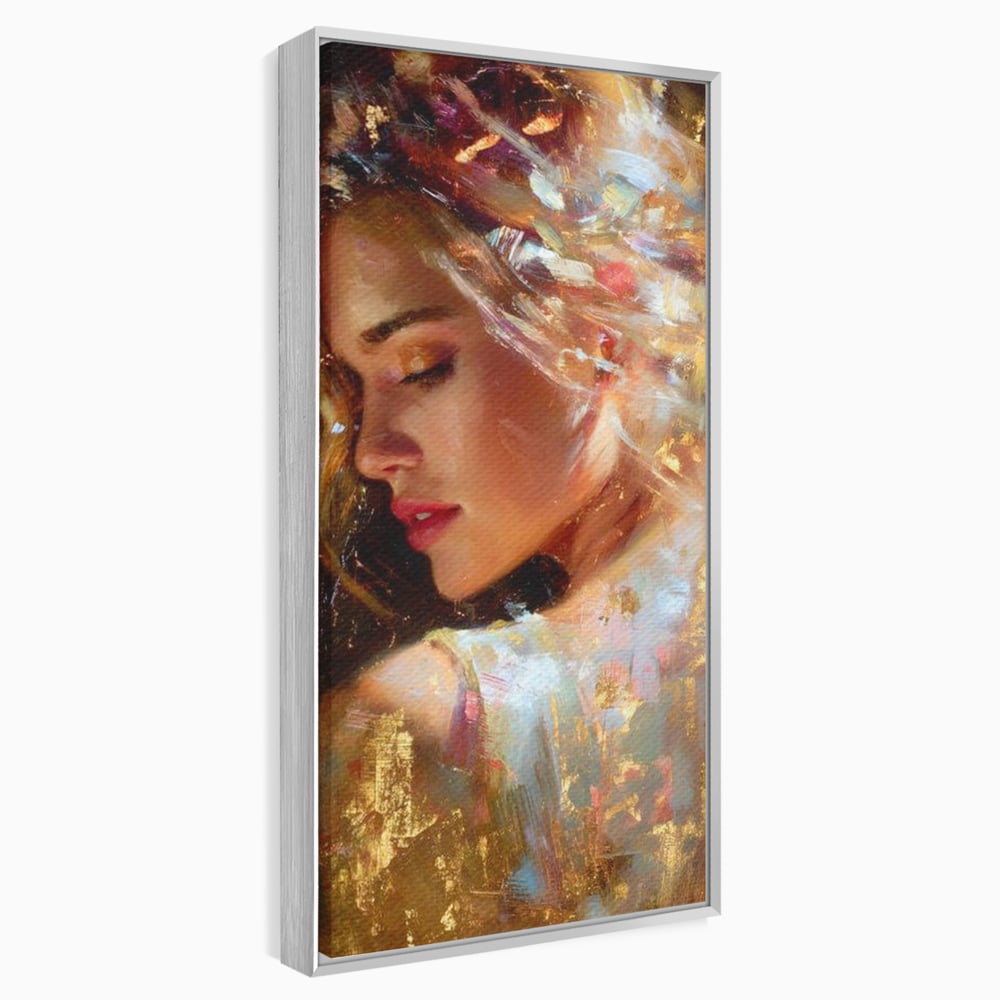 Tablou Canvas Premium, LuxCanva® G1155, In Bratele Soarelui, Visare, Fata, Zeita, Auriu, Gratie, Tacere, Stralucire, Freamat, Sclipiri, Rasarit, Mister, Rafinament, Birou, Living, Dormitor