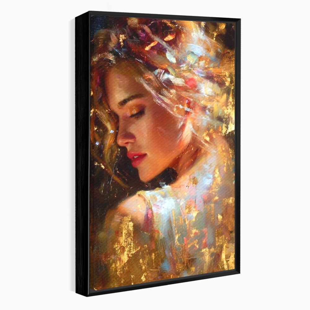 Tablou Canvas Premium, LuxCanva® G1155, In Bratele Soarelui, Visare, Fata, Zeita, Auriu, Gratie, Tacere, Stralucire, Freamat, Sclipiri, Rasarit, Mister, Rafinament, Birou, Living, Dormitor