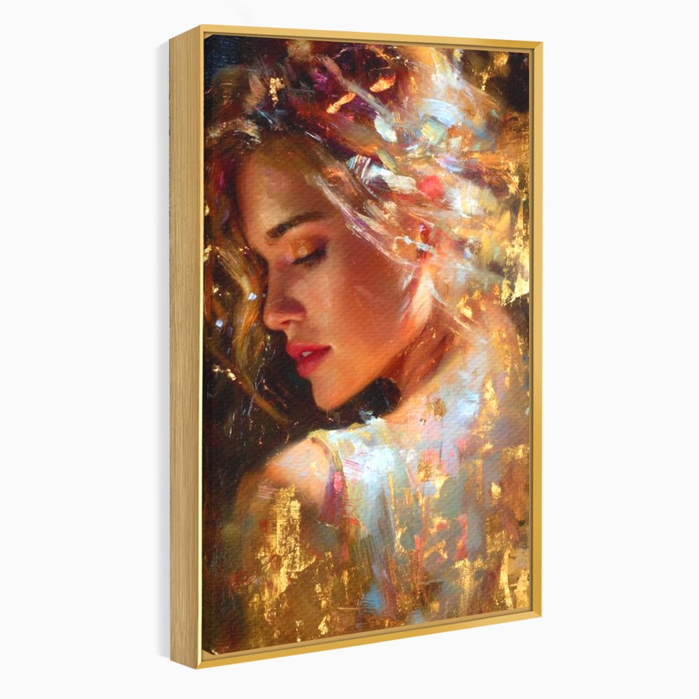 Tablou Canvas Premium, LuxCanva® G1155, In Bratele Soarelui, Visare, Fata, Zeita, Auriu, Gratie, Tacere, Stralucire, Freamat, Sclipiri, Rasarit, Mister, Rafinament, Birou, Living, Dormitor