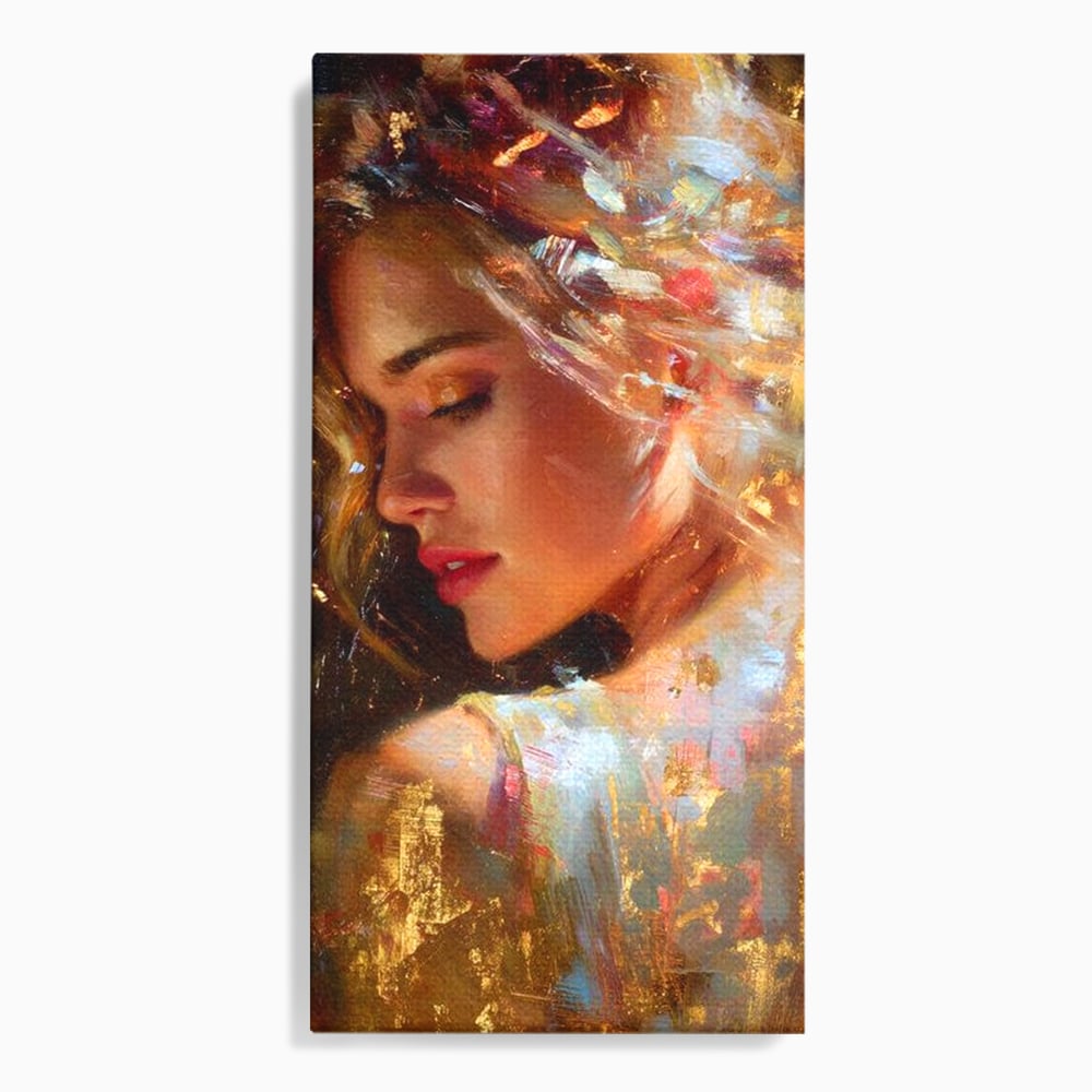 Tablou Canvas Premium, LuxCanva® G1155, In Bratele Soarelui, Visare, Fata, Zeita, Auriu, Gratie, Tacere, Stralucire, Freamat, Sclipiri, Rasarit, Mister, Rafinament, Birou, Living, Dormitor