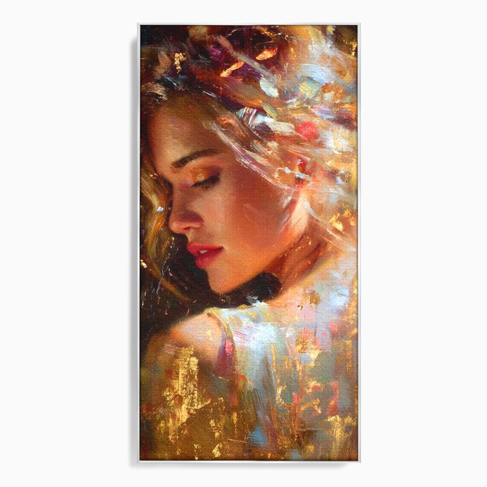 Tablou Canvas Premium, LuxCanva® G1155, In Bratele Soarelui, Visare, Fata, Zeita, Auriu, Gratie, Tacere, Stralucire, Freamat, Sclipiri, Rasarit, Mister, Rafinament, Birou, Living, Dormitor