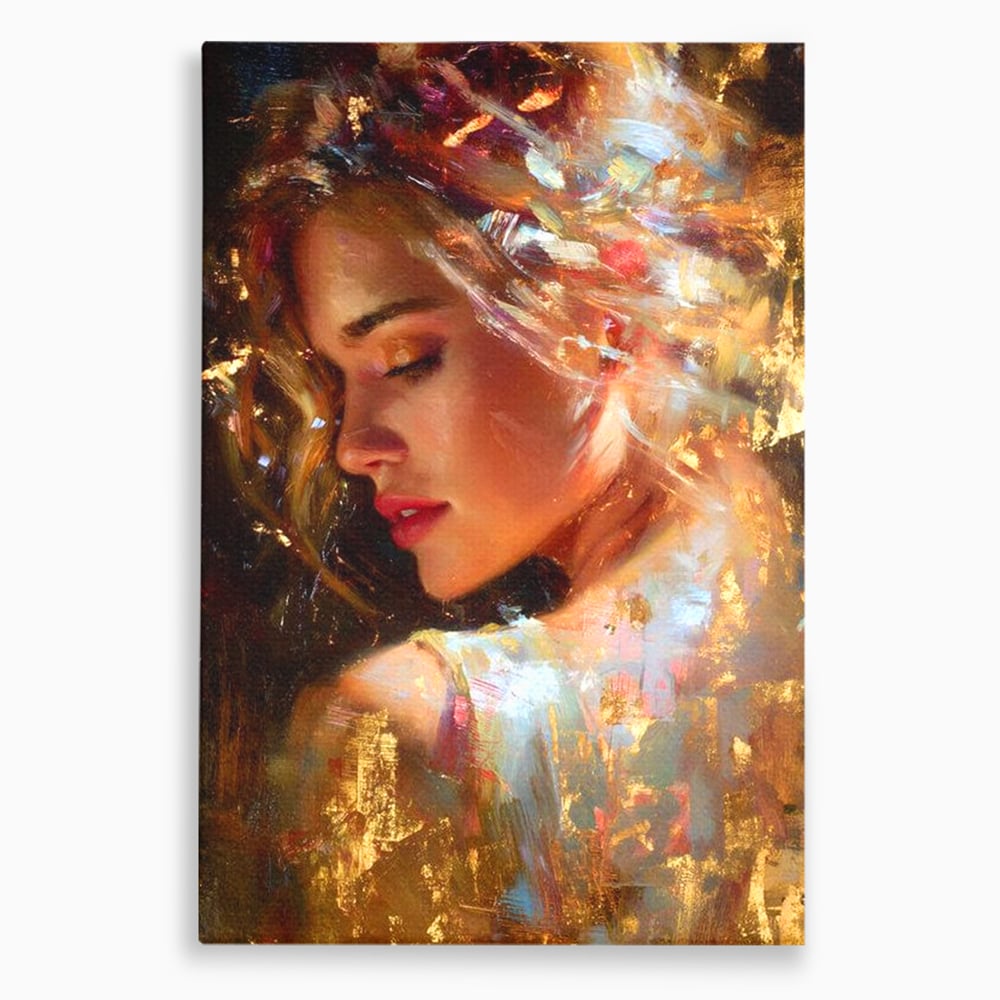 Tablou Canvas Premium, LuxCanva® G1155, In Bratele Soarelui, Visare, Fata, Zeita, Auriu, Gratie, Tacere, Stralucire, Freamat, Sclipiri, Rasarit, Mister, Rafinament, Birou, Living, Dormitor