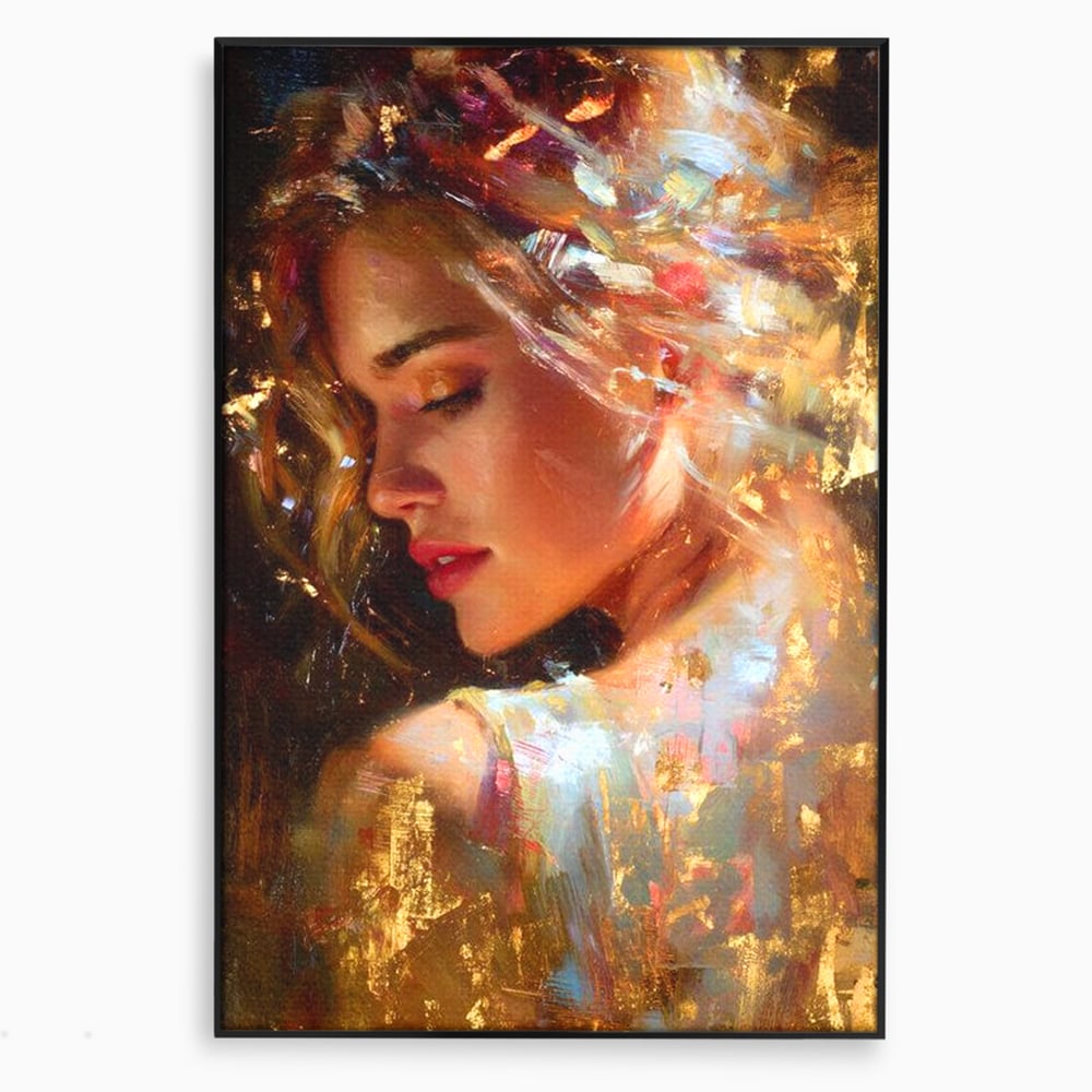 Tablou Canvas Premium, LuxCanva® G1155, In Bratele Soarelui, Visare, Fata, Zeita, Auriu, Gratie, Tacere, Stralucire, Freamat, Sclipiri, Rasarit, Mister, Rafinament, Birou, Living, Dormitor