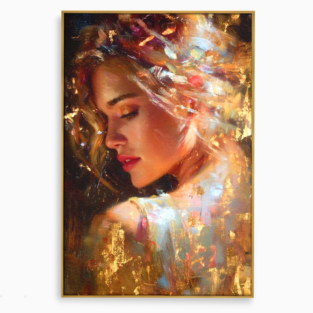 Tablou Canvas Premium, LuxCanva® G1155, In Bratele Soarelui, Visare, Fata, Zeita, Auriu, Gratie, Tacere, Stralucire, Freamat, Sclipiri, Rasarit, Mister, Rafinament, Birou, Living, Dormitor