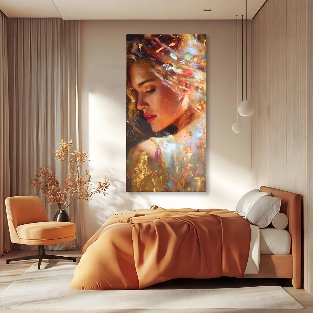 Tablou Canvas Premium, LuxCanva® G1155, In Bratele Soarelui, Visare, Fata, Zeita, Auriu, Gratie, Tacere, Stralucire, Freamat, Sclipiri, Rasarit, Mister, Rafinament, Birou, Living, Dormitor