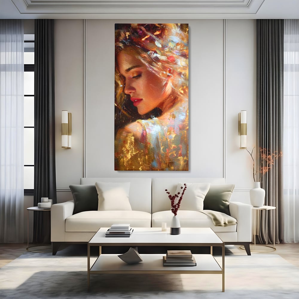 Tablou Canvas Premium, LuxCanva® G1155, In Bratele Soarelui, Visare, Fata, Zeita, Auriu, Gratie, Tacere, Stralucire, Freamat, Sclipiri, Rasarit, Mister, Rafinament, Birou, Living, Dormitor