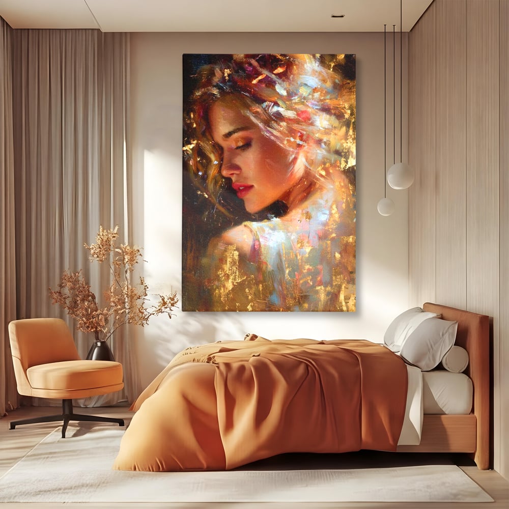 Tablou Canvas Premium, LuxCanva® G1155, In Bratele Soarelui, Visare, Fata, Zeita, Auriu, Gratie, Tacere, Stralucire, Freamat, Sclipiri, Rasarit, Mister, Rafinament, Birou, Living, Dormitor