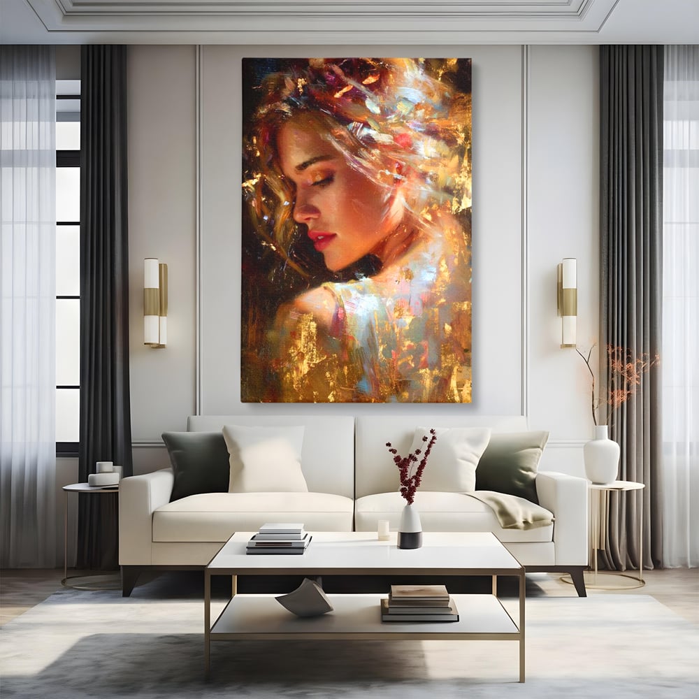 Tablou Canvas Premium, LuxCanva® G1155, In Bratele Soarelui, Visare, Fata, Zeita, Auriu, Gratie, Tacere, Stralucire, Freamat, Sclipiri, Rasarit, Mister, Rafinament, Birou, Living, Dormitor