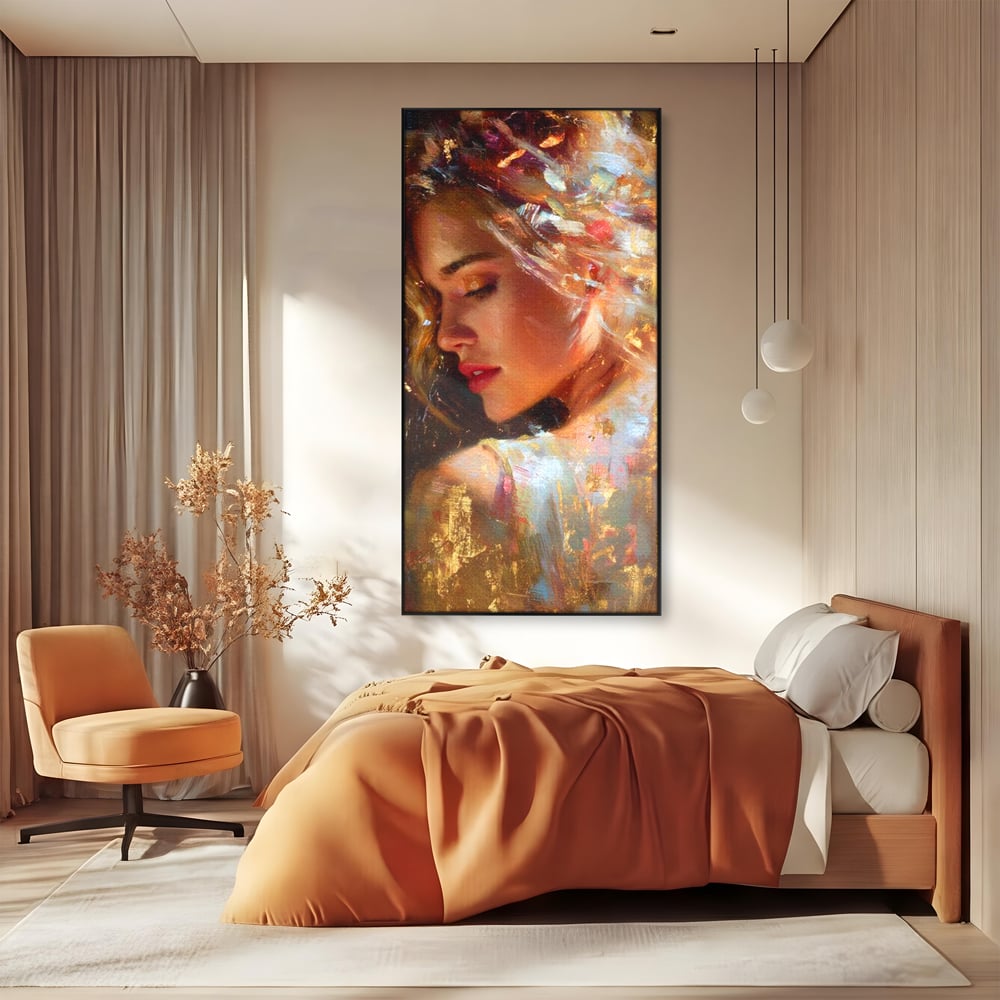 Tablou Canvas Premium, LuxCanva® G1155, In Bratele Soarelui, Visare, Fata, Zeita, Auriu, Gratie, Tacere, Stralucire, Freamat, Sclipiri, Rasarit, Mister, Rafinament, Birou, Living, Dormitor
