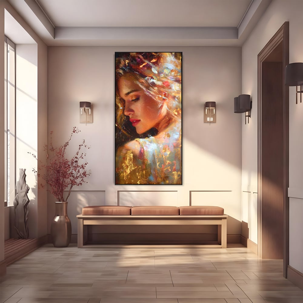 Tablou Canvas Premium, LuxCanva® G1155, In Bratele Soarelui, Visare, Fata, Zeita, Auriu, Gratie, Tacere, Stralucire, Freamat, Sclipiri, Rasarit, Mister, Rafinament, Birou, Living, Dormitor