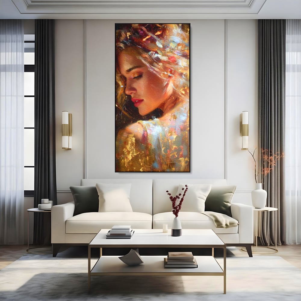 Tablou Canvas Premium, LuxCanva® G1155, In Bratele Soarelui, Visare, Fata, Zeita, Auriu, Gratie, Tacere, Stralucire, Freamat, Sclipiri, Rasarit, Mister, Rafinament, Birou, Living, Dormitor