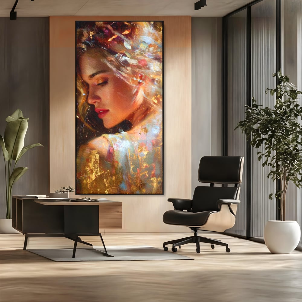 Tablou Canvas Premium, LuxCanva® G1155, In Bratele Soarelui, Visare, Fata, Zeita, Auriu, Gratie, Tacere, Stralucire, Freamat, Sclipiri, Rasarit, Mister, Rafinament, Birou, Living, Dormitor