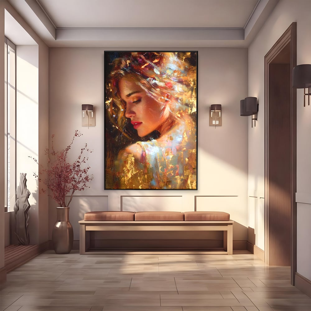 Tablou Canvas Premium, LuxCanva® G1155, In Bratele Soarelui, Visare, Fata, Zeita, Auriu, Gratie, Tacere, Stralucire, Freamat, Sclipiri, Rasarit, Mister, Rafinament, Birou, Living, Dormitor