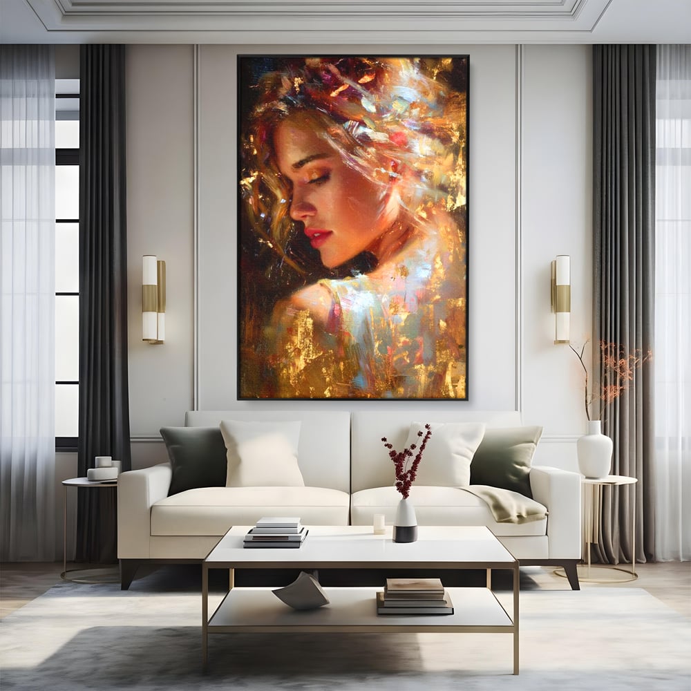 Tablou Canvas Premium, LuxCanva® G1155, In Bratele Soarelui, Visare, Fata, Zeita, Auriu, Gratie, Tacere, Stralucire, Freamat, Sclipiri, Rasarit, Mister, Rafinament, Birou, Living, Dormitor
