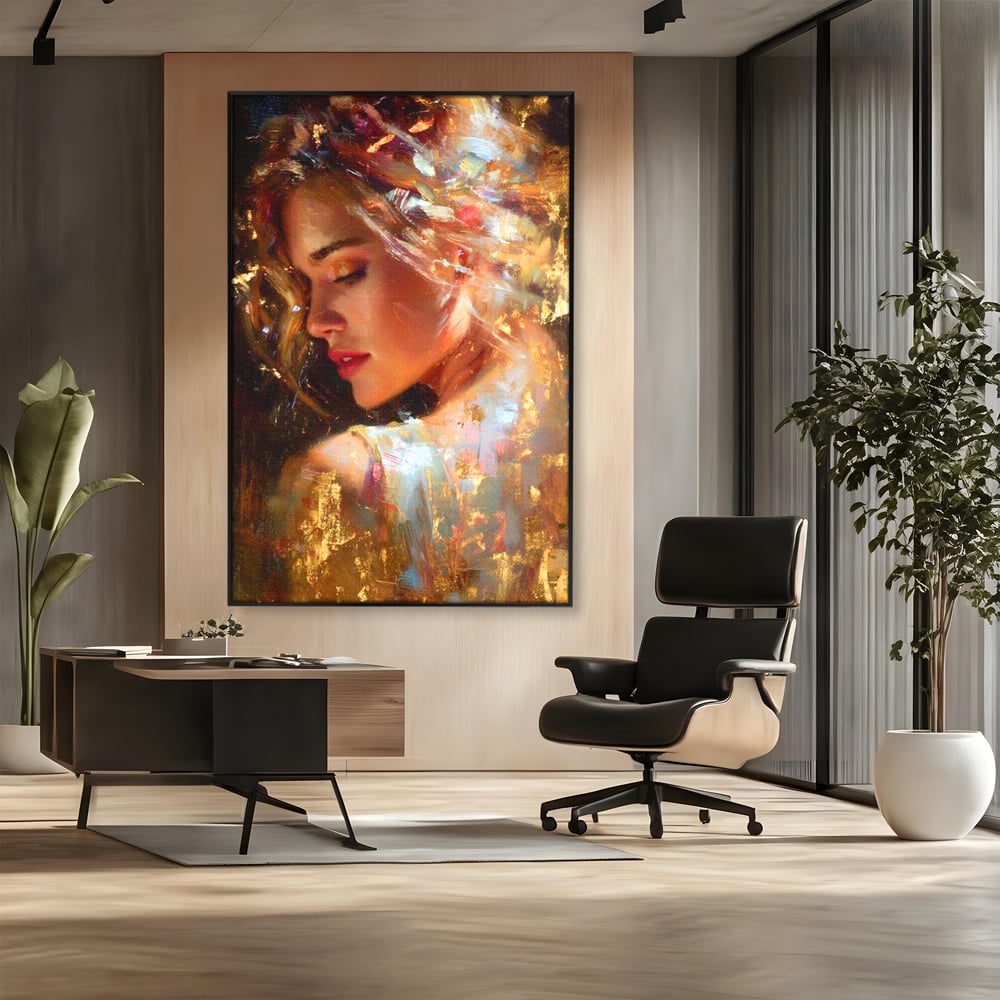 Tablou Canvas Premium, LuxCanva® G1155, In Bratele Soarelui, Visare, Fata, Zeita, Auriu, Gratie, Tacere, Stralucire, Freamat, Sclipiri, Rasarit, Mister, Rafinament, Birou, Living, Dormitor