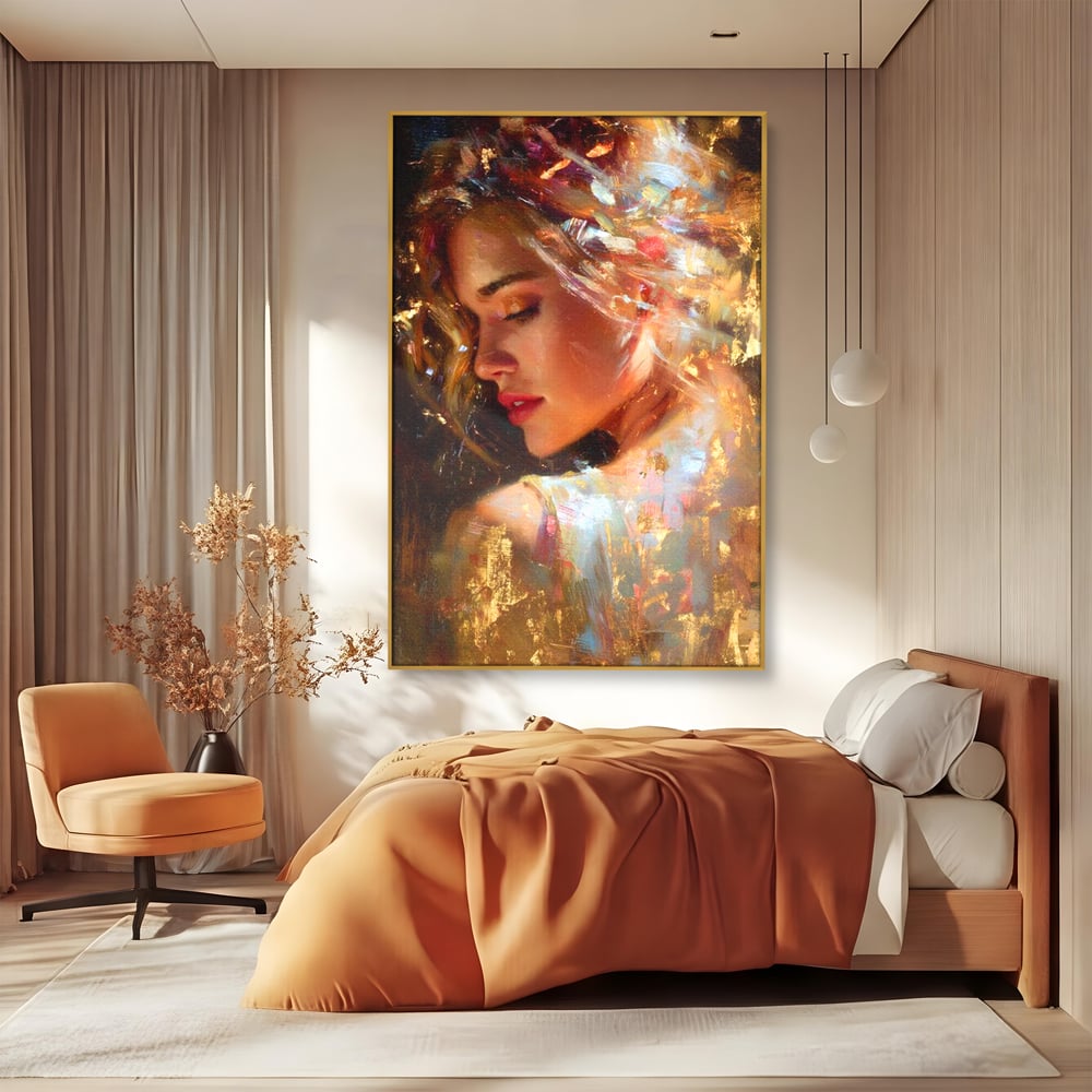 Tablou Canvas Premium, LuxCanva® G1155, In Bratele Soarelui, Visare, Fata, Zeita, Auriu, Gratie, Tacere, Stralucire, Freamat, Sclipiri, Rasarit, Mister, Rafinament, Birou, Living, Dormitor
