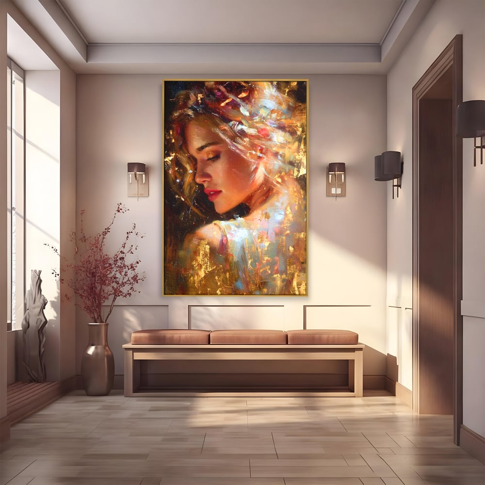 Tablou Canvas Premium, LuxCanva® G1155, In Bratele Soarelui, Visare, Fata, Zeita, Auriu, Gratie, Tacere, Stralucire, Freamat, Sclipiri, Rasarit, Mister, Rafinament, Birou, Living, Dormitor