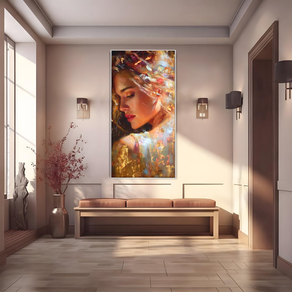 Tablou Canvas Premium, LuxCanva® G1155, In Bratele Soarelui, Visare, Fata, Zeita, Auriu, Gratie, Tacere, Stralucire, Freamat, Sclipiri, Rasarit, Mister, Rafinament, Birou, Living, Dormitor