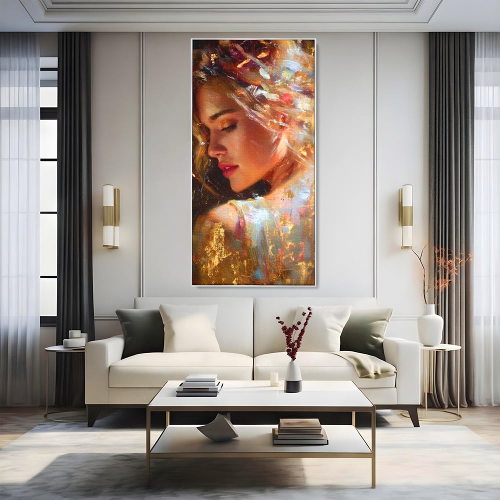 Tablou Canvas Premium, LuxCanva® G1155, In Bratele Soarelui, Visare, Fata, Zeita, Auriu, Gratie, Tacere, Stralucire, Freamat, Sclipiri, Rasarit, Mister, Rafinament, Birou, Living, Dormitor