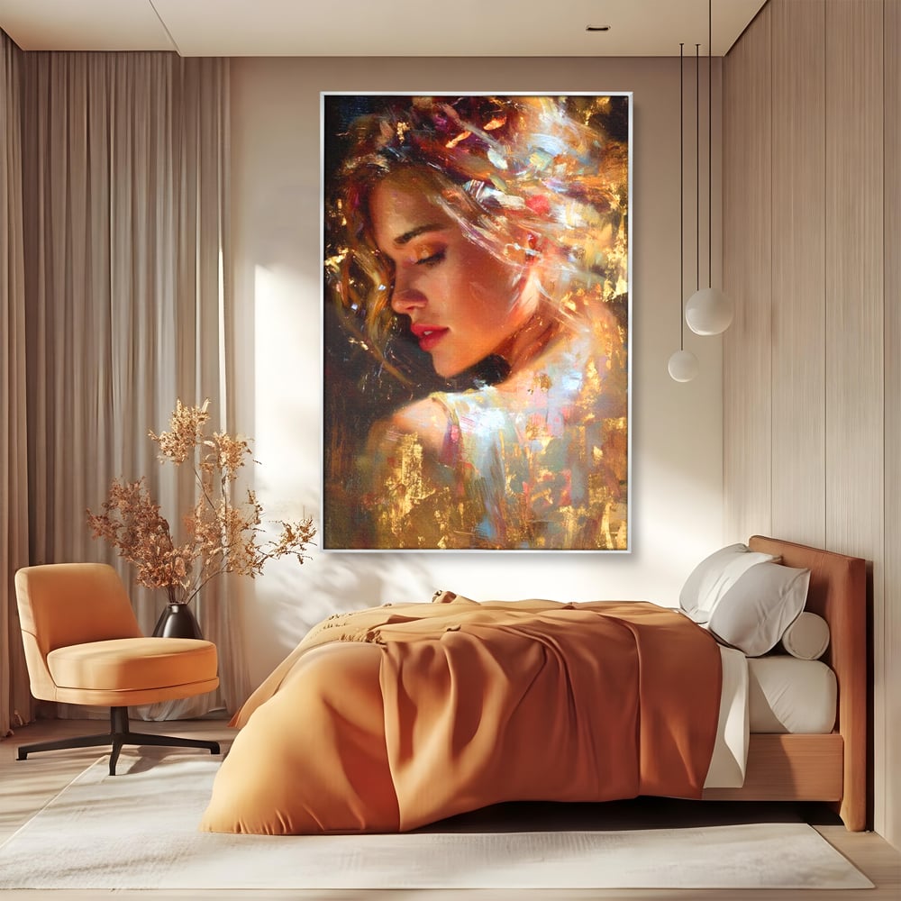 Tablou Canvas Premium, LuxCanva® G1155, In Bratele Soarelui, Visare, Fata, Zeita, Auriu, Gratie, Tacere, Stralucire, Freamat, Sclipiri, Rasarit, Mister, Rafinament, Birou, Living, Dormitor