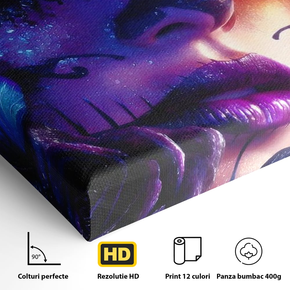 Tablou Canvas Premium, LuxCanva® G1156, Privirea care Vrajeste, Noapte, Mov, Palarie, Tatuaj, Trandafiri, Violet, Suflet, Ratacire, Mexic, Decorativ, Intens, Fascinant, Birou, Living, Dormitor