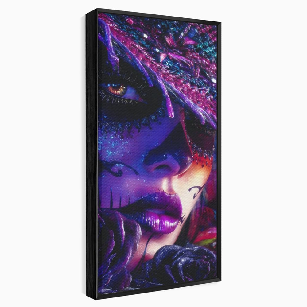 Tablou Canvas Premium, LuxCanva® G1156, Privirea care Vrajeste, Noapte, Mov, Palarie, Tatuaj, Trandafiri, Violet, Suflet, Ratacire, Mexic, Decorativ, Intens, Fascinant, Birou, Living, Dormitor