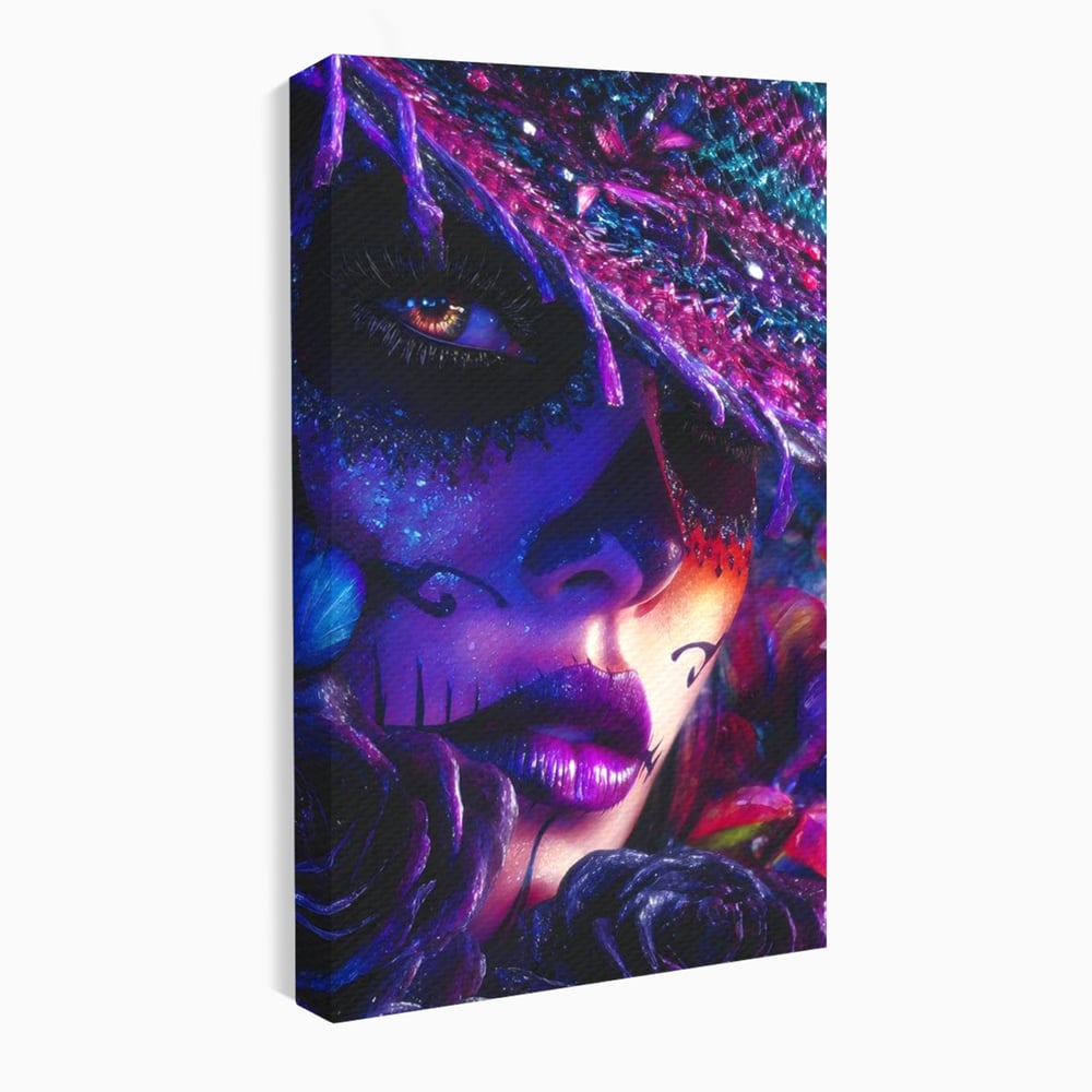 Tablou Canvas Premium, LuxCanva® G1156, Privirea care Vrajeste, Noapte, Mov, Palarie, Tatuaj, Trandafiri, Violet, Suflet, Ratacire, Mexic, Decorativ, Intens, Fascinant, Birou, Living, Dormitor