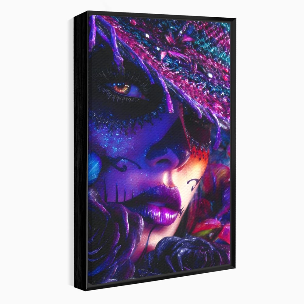 Tablou Canvas Premium, LuxCanva® G1156, Privirea care Vrajeste, Noapte, Mov, Palarie, Tatuaj, Trandafiri, Violet, Suflet, Ratacire, Mexic, Decorativ, Intens, Fascinant, Birou, Living, Dormitor