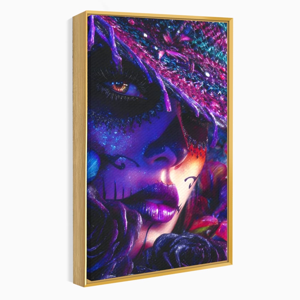 Tablou Canvas Premium, LuxCanva® G1156, Privirea care Vrajeste, Noapte, Mov, Palarie, Tatuaj, Trandafiri, Violet, Suflet, Ratacire, Mexic, Decorativ, Intens, Fascinant, Birou, Living, Dormitor