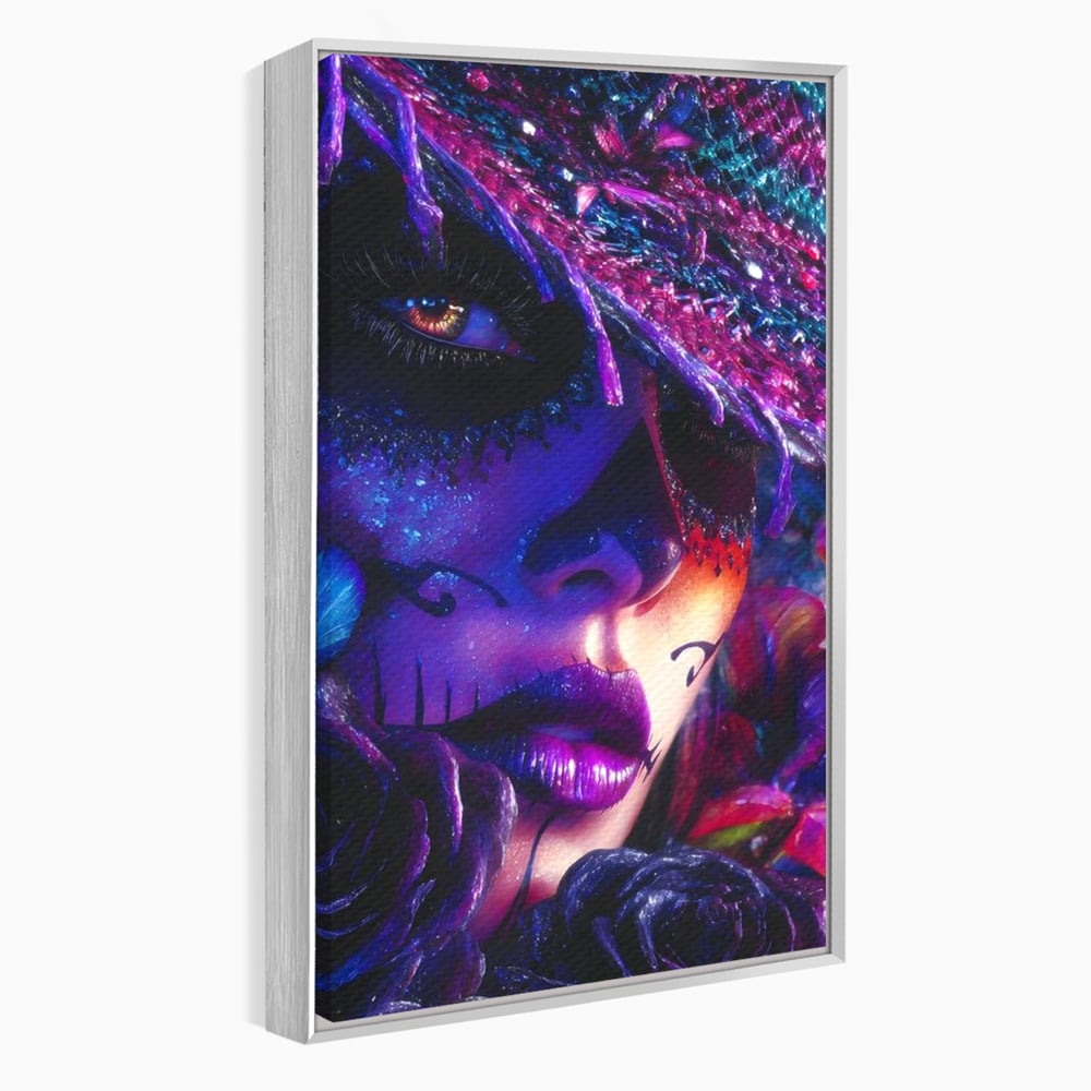 Tablou Canvas Premium, LuxCanva® G1156, Privirea care Vrajeste, Noapte, Mov, Palarie, Tatuaj, Trandafiri, Violet, Suflet, Ratacire, Mexic, Decorativ, Intens, Fascinant, Birou, Living, Dormitor