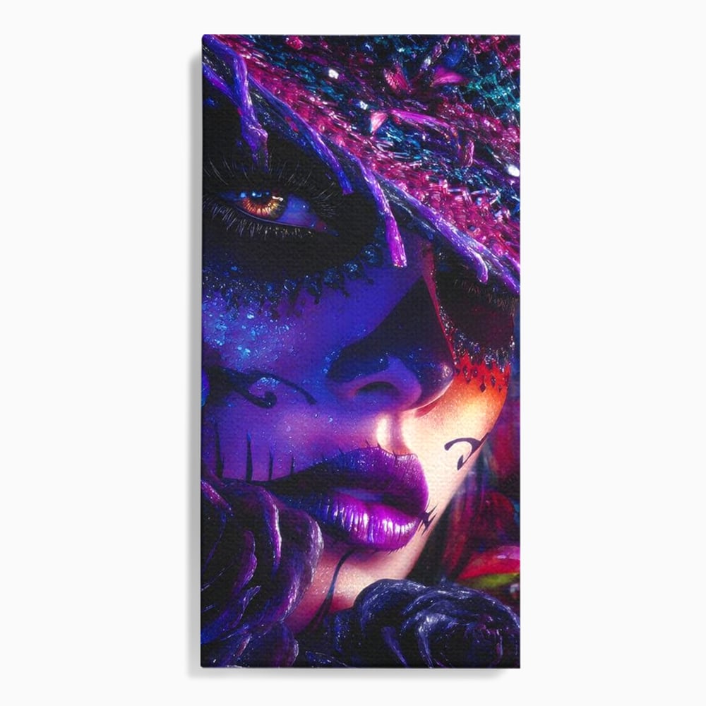 Tablou Canvas Premium, LuxCanva® G1156, Privirea care Vrajeste, Noapte, Mov, Palarie, Tatuaj, Trandafiri, Violet, Suflet, Ratacire, Mexic, Decorativ, Intens, Fascinant, Birou, Living, Dormitor