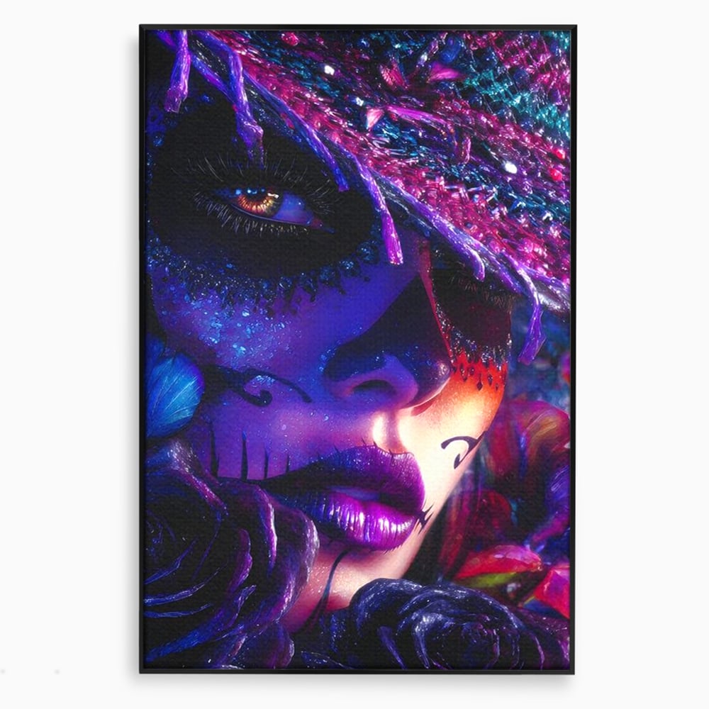 Tablou Canvas Premium, LuxCanva® G1156, Privirea care Vrajeste, Noapte, Mov, Palarie, Tatuaj, Trandafiri, Violet, Suflet, Ratacire, Mexic, Decorativ, Intens, Fascinant, Birou, Living, Dormitor