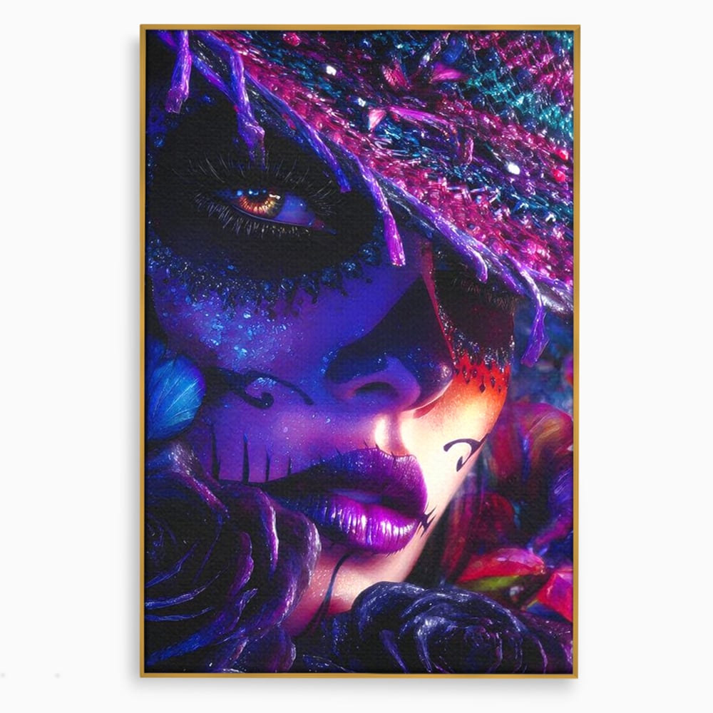Tablou Canvas Premium, LuxCanva® G1156, Privirea care Vrajeste, Noapte, Mov, Palarie, Tatuaj, Trandafiri, Violet, Suflet, Ratacire, Mexic, Decorativ, Intens, Fascinant, Birou, Living, Dormitor