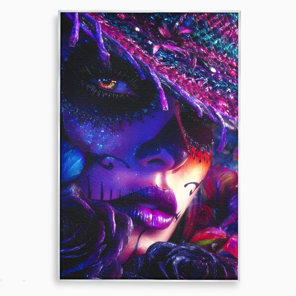 Tablou Canvas Premium, LuxCanva® G1156, Privirea care Vrajeste, Noapte, Mov, Palarie, Tatuaj, Trandafiri, Violet, Suflet, Ratacire, Mexic, Decorativ, Intens, Fascinant, Birou, Living, Dormitor