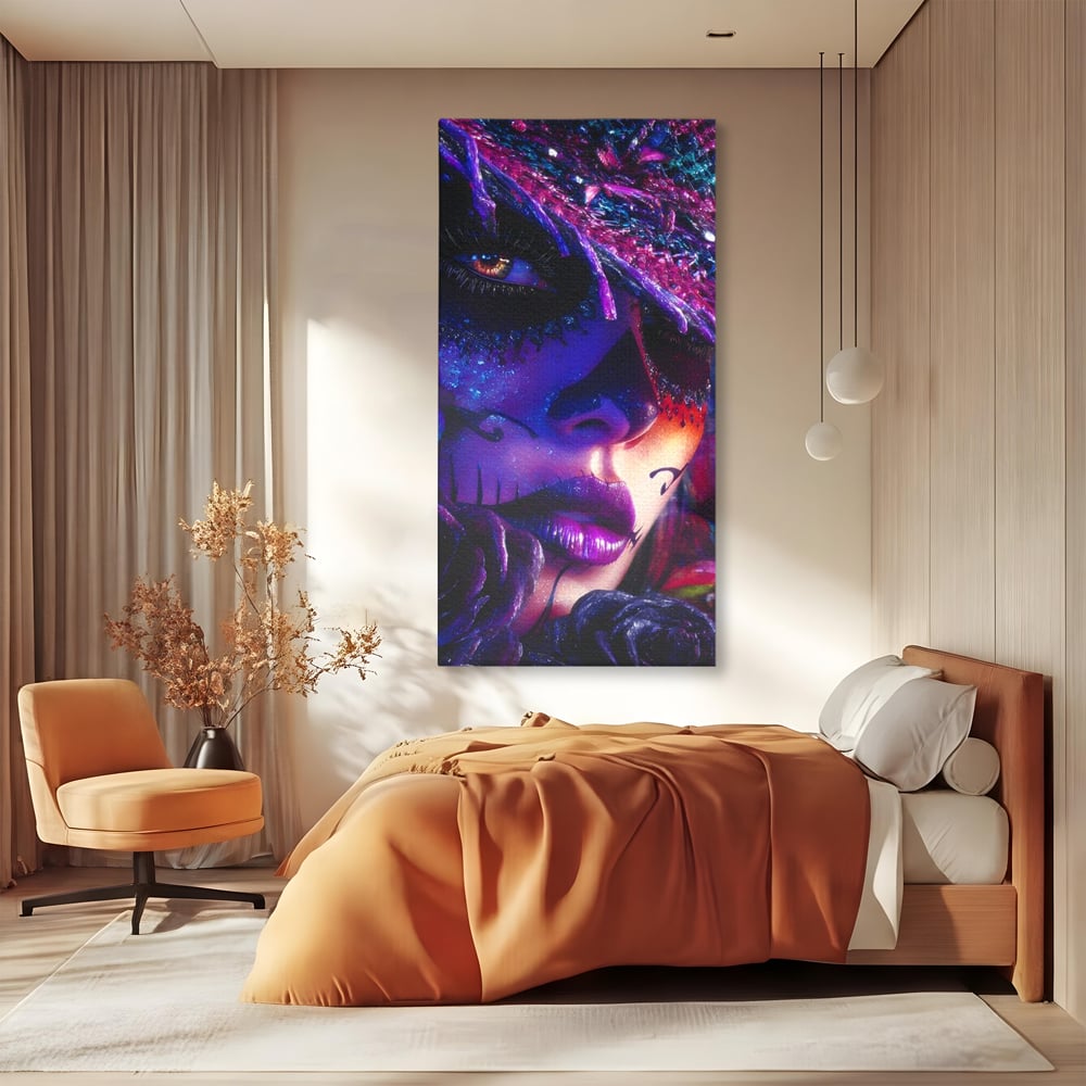 Tablou Canvas Premium, LuxCanva® G1156, Privirea care Vrajeste, Noapte, Mov, Palarie, Tatuaj, Trandafiri, Violet, Suflet, Ratacire, Mexic, Decorativ, Intens, Fascinant, Birou, Living, Dormitor
