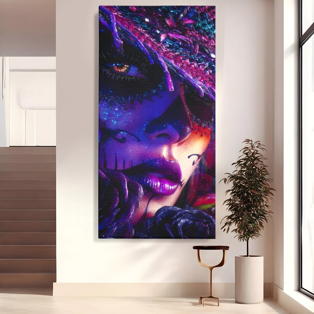 Tablou Canvas Premium, LuxCanva® G1156, Privirea care Vrajeste, Noapte, Mov, Palarie, Tatuaj, Trandafiri, Violet, Suflet, Ratacire, Mexic, Decorativ, Intens, Fascinant, Birou, Living, Dormitor