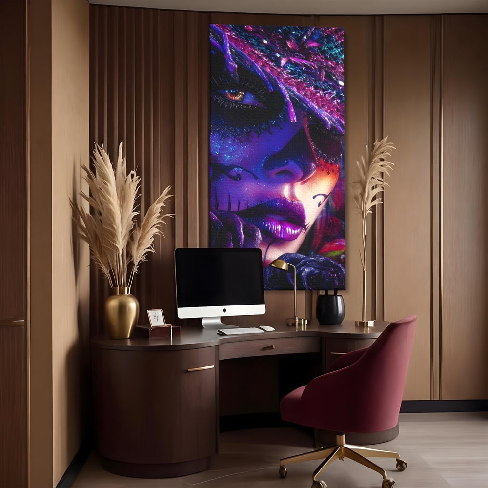 Tablou Canvas Premium, LuxCanva® G1156, Privirea care Vrajeste, Noapte, Mov, Palarie, Tatuaj, Trandafiri, Violet, Suflet, Ratacire, Mexic, Decorativ, Intens, Fascinant, Birou, Living, Dormitor