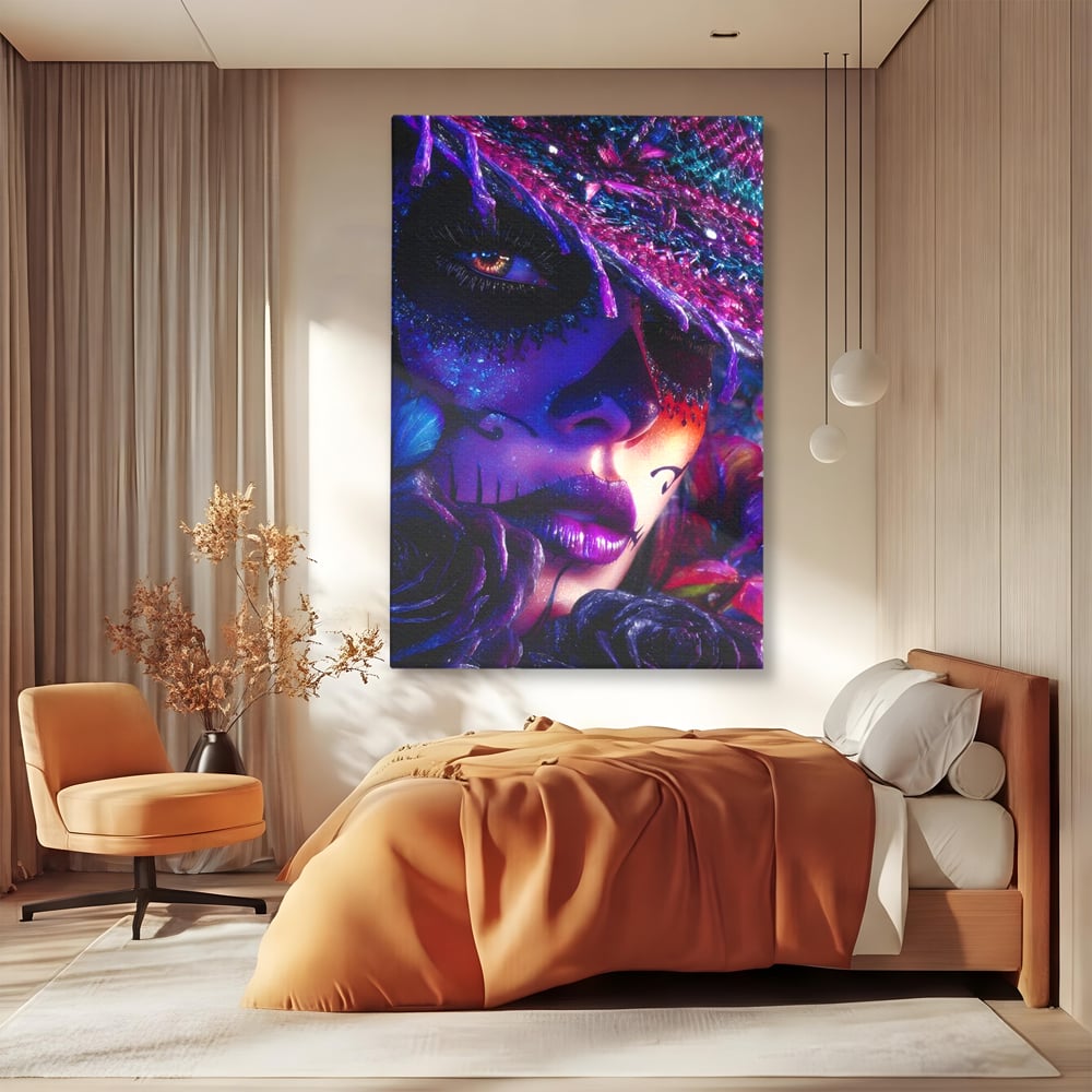Tablou Canvas Premium, LuxCanva® G1156, Privirea care Vrajeste, Noapte, Mov, Palarie, Tatuaj, Trandafiri, Violet, Suflet, Ratacire, Mexic, Decorativ, Intens, Fascinant, Birou, Living, Dormitor