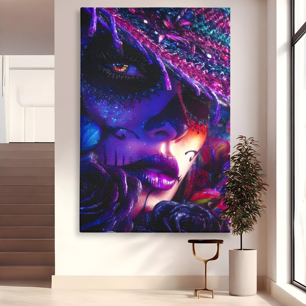 Tablou Canvas Premium, LuxCanva® G1156, Privirea care Vrajeste, Noapte, Mov, Palarie, Tatuaj, Trandafiri, Violet, Suflet, Ratacire, Mexic, Decorativ, Intens, Fascinant, Birou, Living, Dormitor