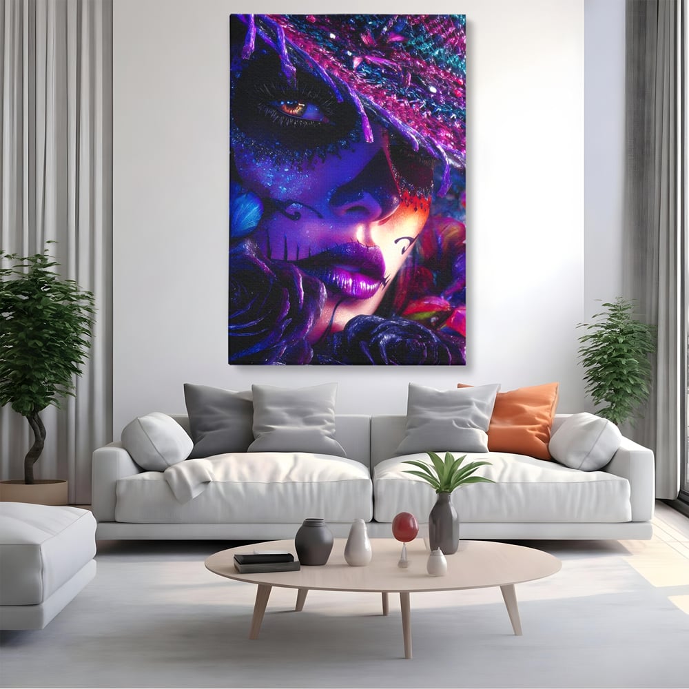 Tablou Canvas Premium, LuxCanva® G1156, Privirea care Vrajeste, Noapte, Mov, Palarie, Tatuaj, Trandafiri, Violet, Suflet, Ratacire, Mexic, Decorativ, Intens, Fascinant, Birou, Living, Dormitor