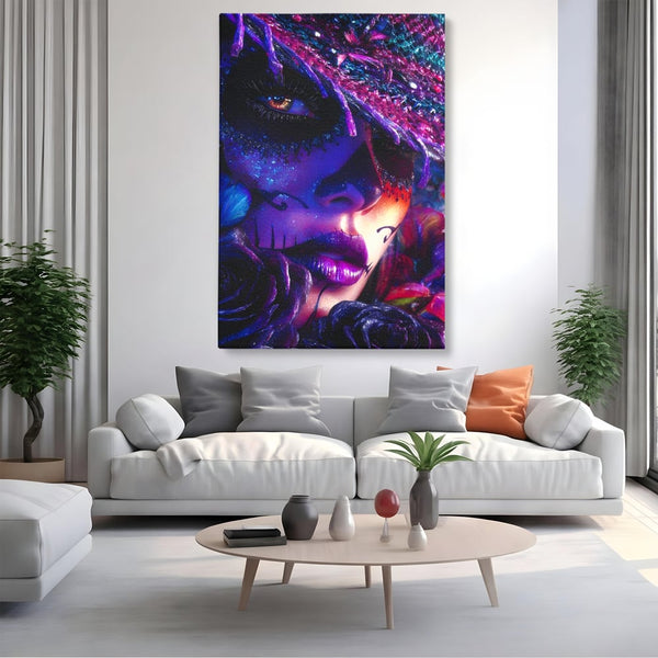 Tablou Canvas Premium, LuxCanva® G1156, Privirea care Vrajeste, Noapte, Mov, Palarie, Tatuaj, Trandafiri, Violet, Suflet, Ratacire, Mexic, Decorativ, Intens, Fascinant, Birou, Living, Dormitor
