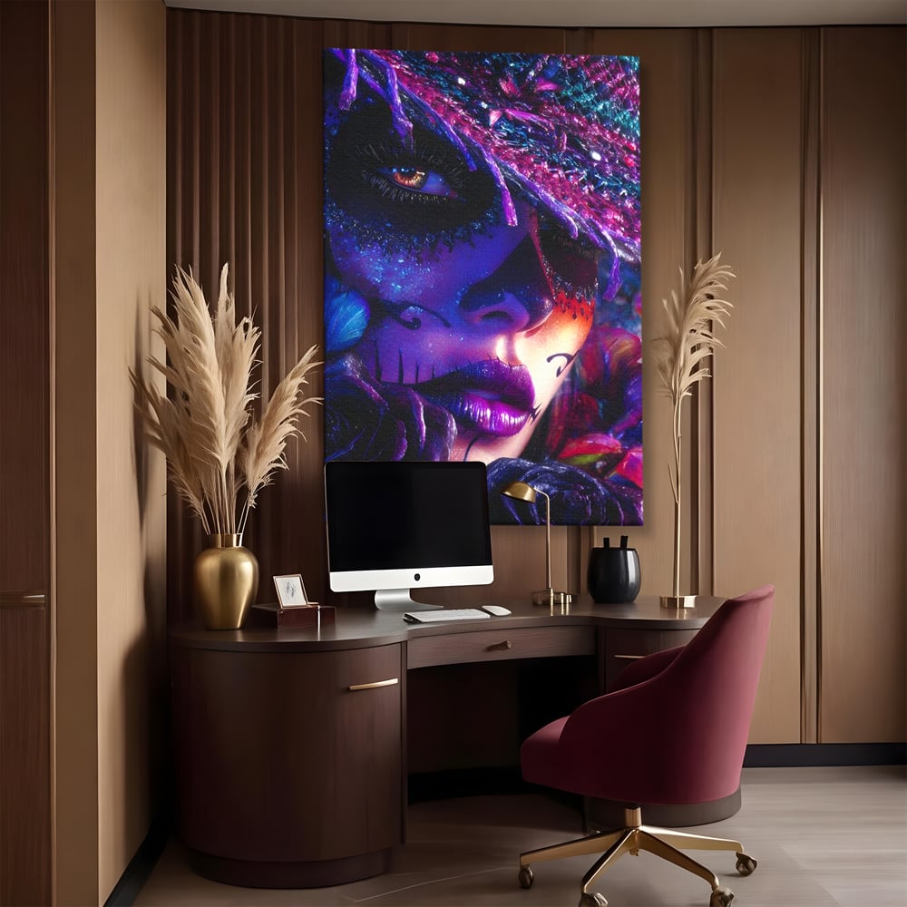 Tablou Canvas Premium, LuxCanva® G1156, Privirea care Vrajeste, Noapte, Mov, Palarie, Tatuaj, Trandafiri, Violet, Suflet, Ratacire, Mexic, Decorativ, Intens, Fascinant, Birou, Living, Dormitor