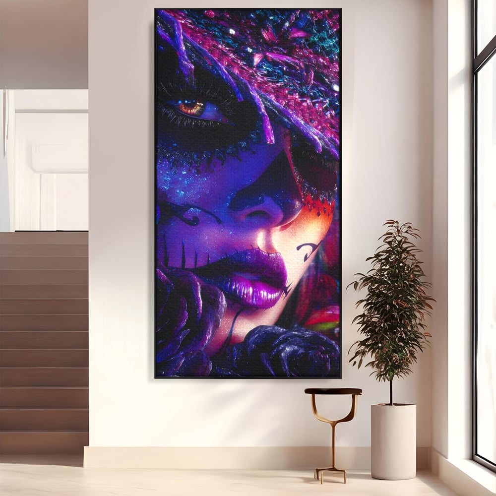Tablou Canvas Premium, LuxCanva® G1156, Privirea care Vrajeste, Noapte, Mov, Palarie, Tatuaj, Trandafiri, Violet, Suflet, Ratacire, Mexic, Decorativ, Intens, Fascinant, Birou, Living, Dormitor